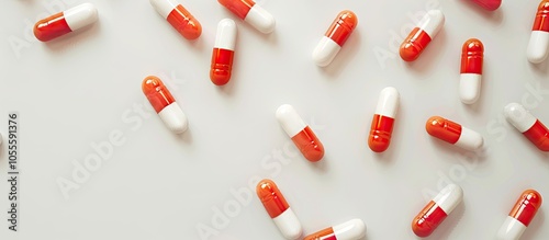 Top down view of antibiotic pills on a white backdrop with room for text in the image. Copy space image. Place for adding text and design