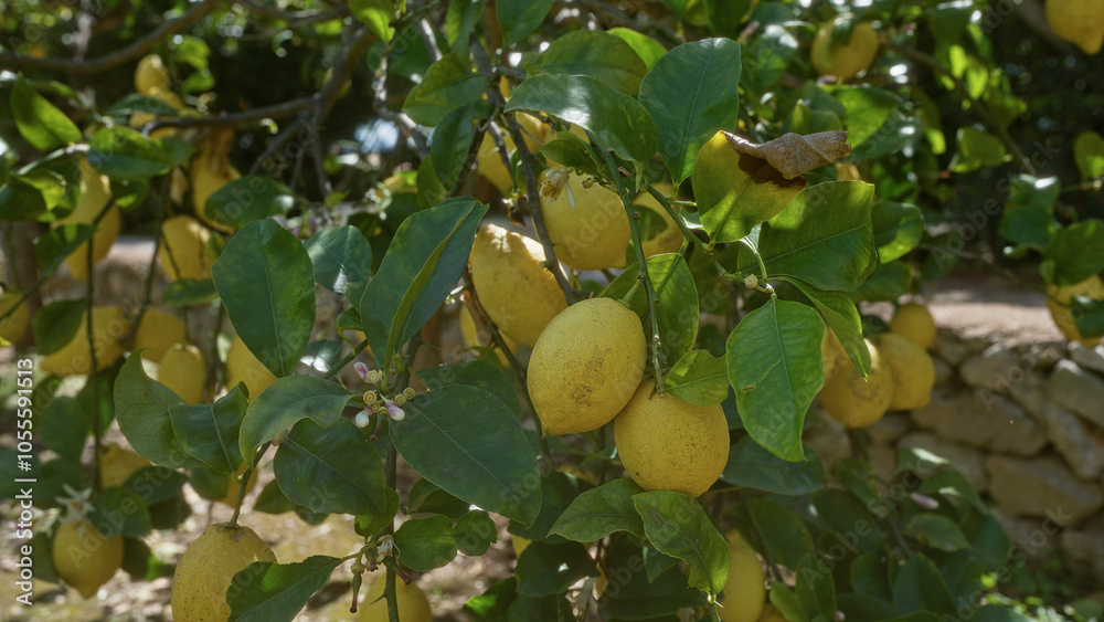 A lush lemon tree with ripe yellow fruits and green leaves growing in an outdoor garden in puglia, italy, providing a vibrant and fresh natural scene. A lush lemon tree with ripe yellow fruits and green leaves growing in an outdoor garden in puglia, italy, providing a vibrant and fresh natural scene.