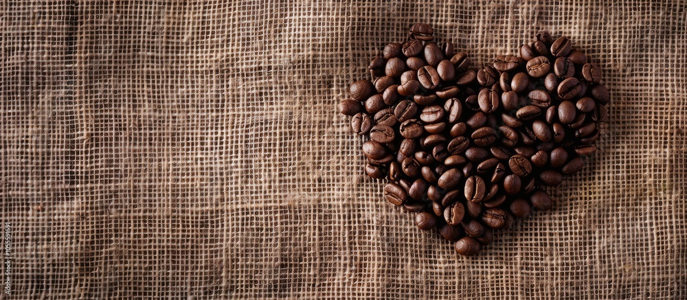 Coffee beans arranged in a heart shape on burlap fabric creating a background suitable for coffee related products in need of copy space image Coffee beans arranged in a heart shape on burlap fabric creating a background suitable for coffee related products in need of copy space image