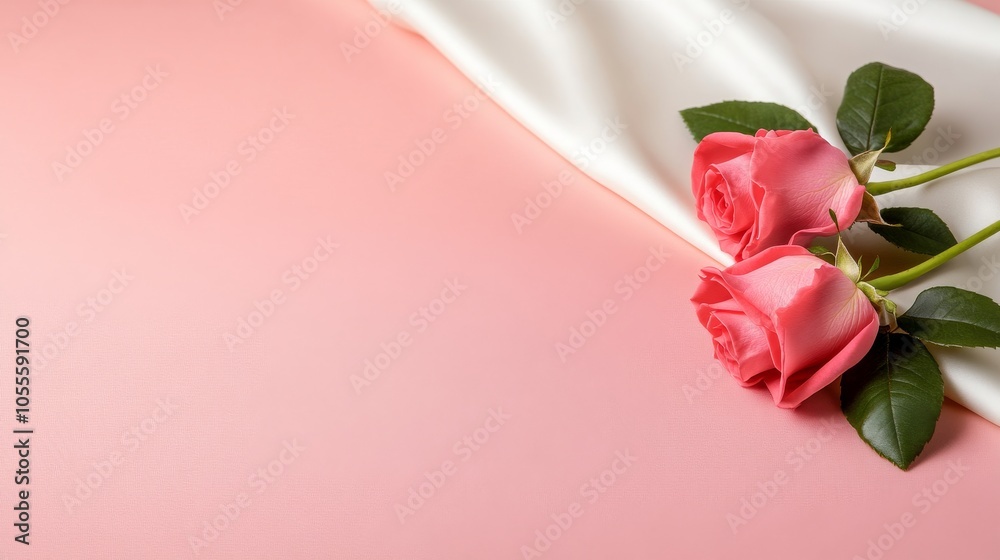 Elegant pink roses on soft fabric background Elegant pink roses on soft fabric background