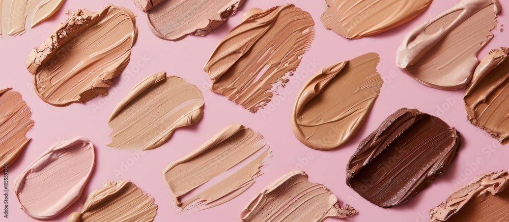 Fototapeta premium A variety of foundation swatches with different textures on a pink background perfect for a copy space image