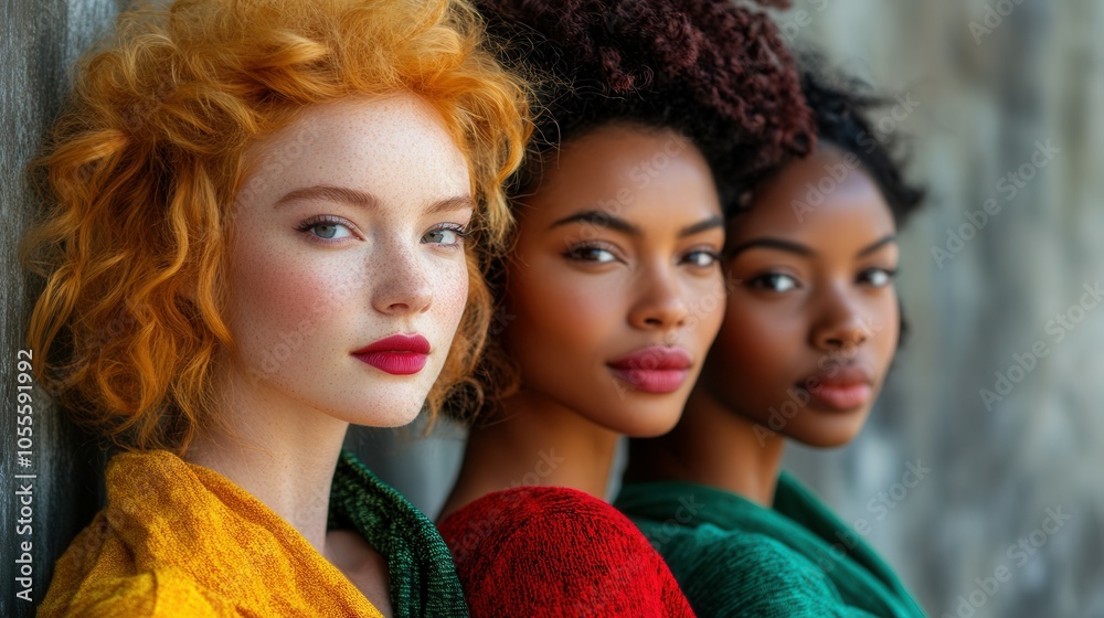Three women showcase their unique hairstyles and striking features while standing side by side. The natural light highlights their diverse beauty, creating an artistic representation of friendship and Three women showcase their unique hairstyles and striking features while standing side by side. The natural light highlights their diverse beauty, creating an artistic representation of friendship and