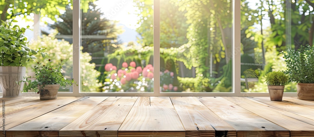 A wooden table with a blurred garden view visible through a home window provides ample advertising copy space for product placement A wooden table with a blurred garden view visible through a home window provides ample advertising copy space for product placement