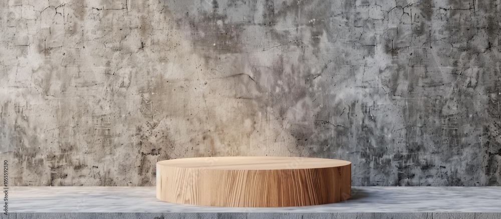 Wooden podium stand provides copy space image against a concrete backdrop for product displays
