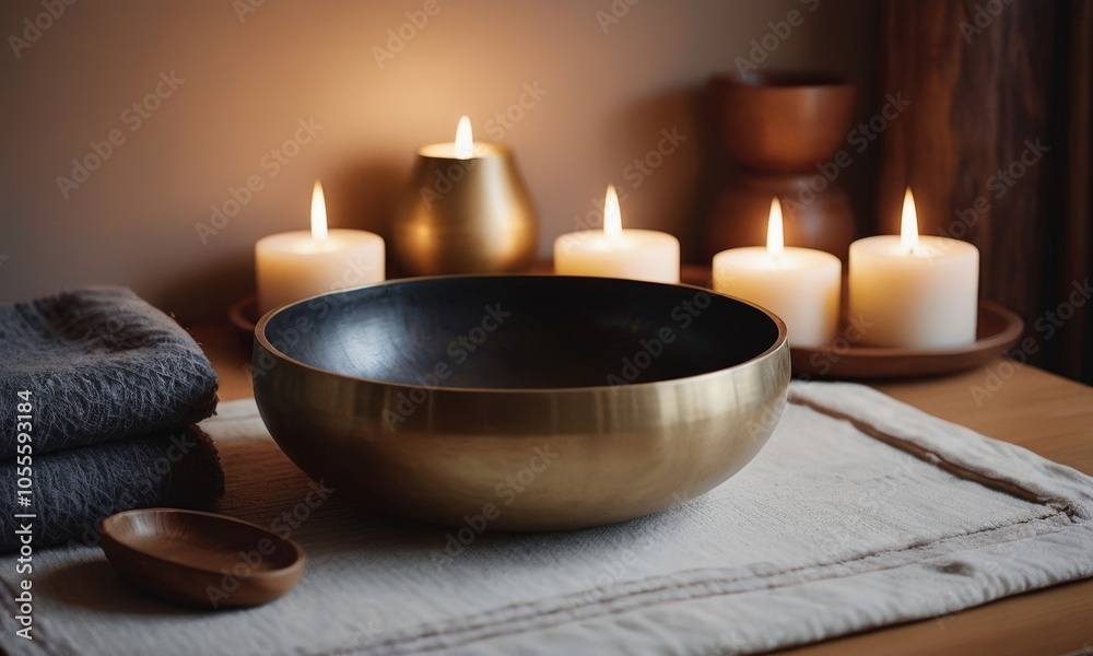 Meditation setup with a singing bowl, lit candles, and wooden bowls on a soft fabric cloth