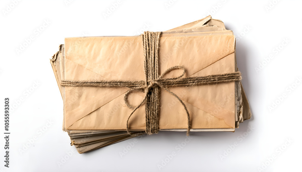 Obraz premium A stack of aged, vintage envelopes tied with rustic twine, symbolizing nostalgia and communication, placed on a white background.