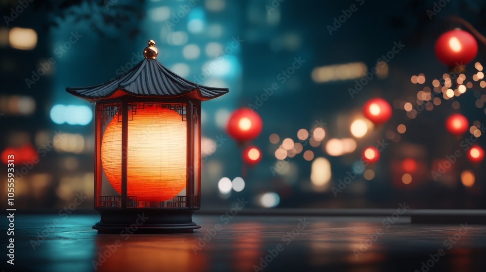 Illuminated lantern in a festive night scene Illuminated lantern in a festive night scene