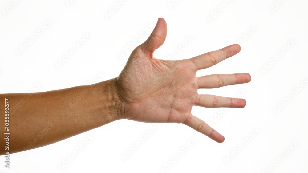 Man's hand with fingers spread isolated against a white background wall showcasing detailed skin texture and finger lines Man's hand with fingers spread isolated against a white background wall showcasing detailed skin texture and finger lines