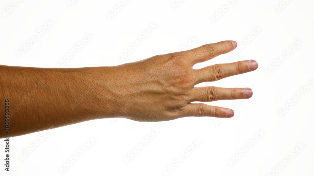 Man's hand with fingers spread isolated against a white background, emphasizing skin texture and detail Man's hand with fingers spread isolated against a white background, emphasizing skin texture and detail