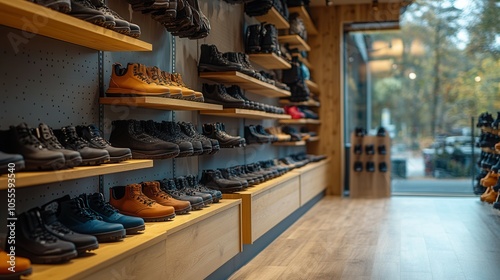 Rows of hiking boots in varying styles and colors are neatly arranged on wooden shelves inside a retail store. Natural light floods in through large windows, creating a welcoming atmosphere for outdoo