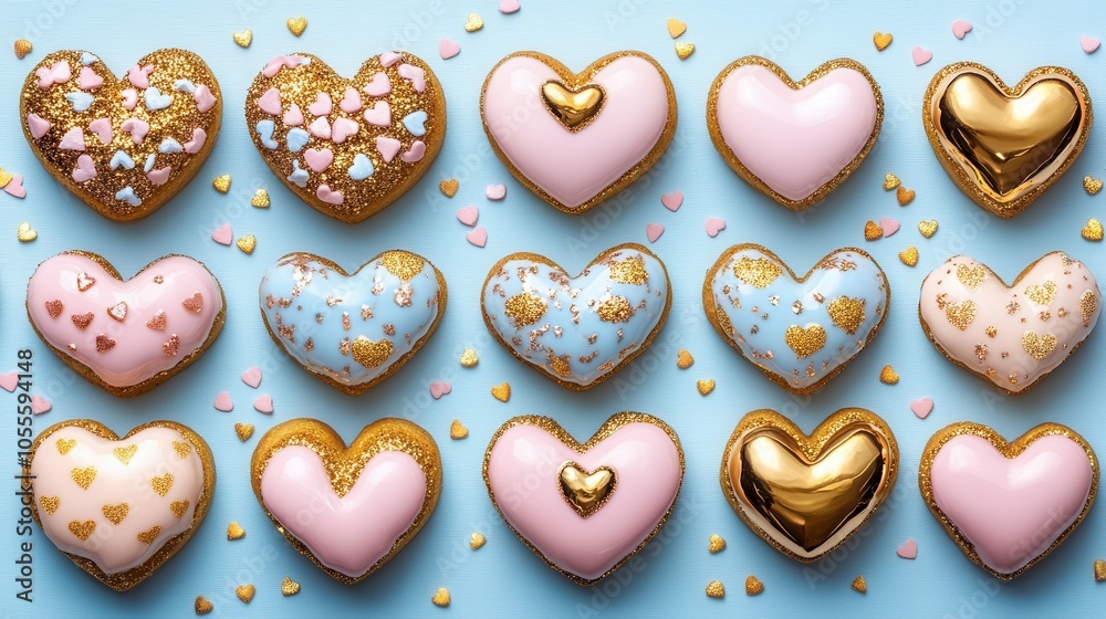 A delightful collection of heart-shaped confections, adorned with vibrant colors and intricate patterns, is beautifully arranged on a light blue surface. A delightful collection of heart-shaped confections, adorned with vibrant colors and intricate patterns, is beautifully arranged on a light blue surface.