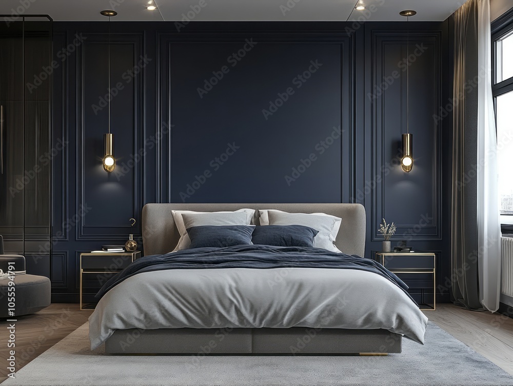 Navy accent walls combined with gray bedding and gold lighting fixtures for a modern, luxurious feel Navy accent walls combined with gray bedding and gold lighting fixtures for a modern, luxurious feel