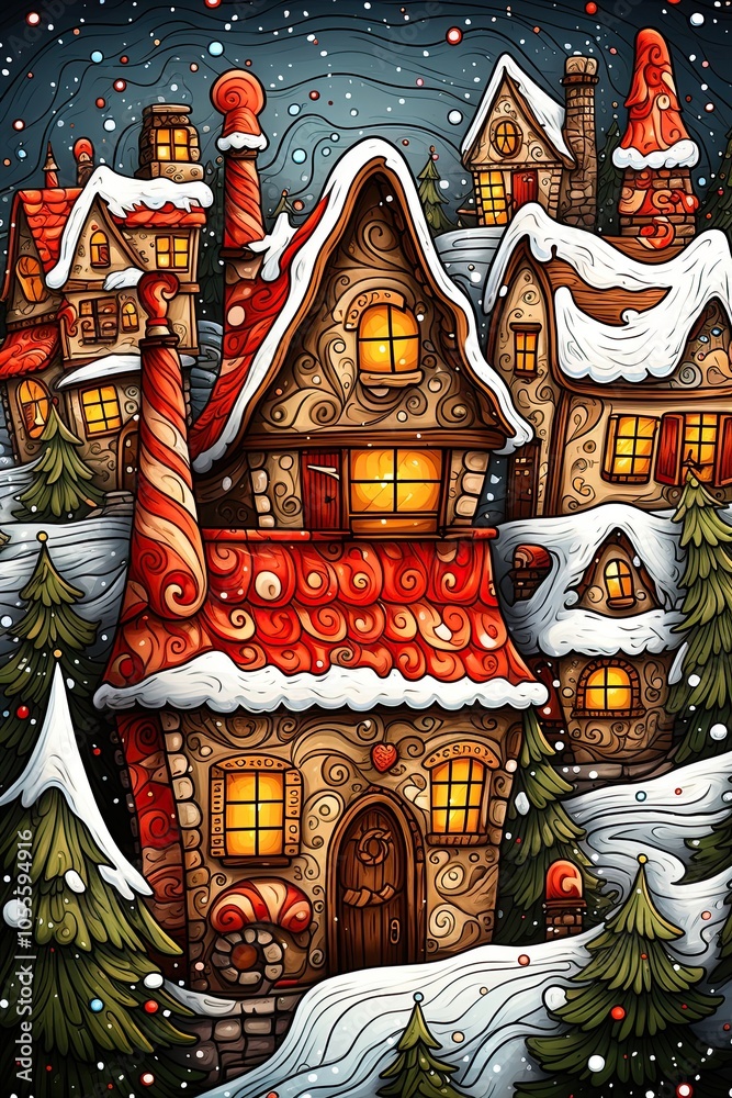 Fototapeta premium Santa Claus village at North Pole. Doodle drawing design. Generative Ai