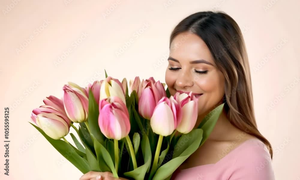 Smiling woman holding a large bouquet of pink and yellow tulips creating a joyful springtime floral atmosphere Smiling woman holding a large bouquet of pink and yellow tulips creating a joyful springtime floral atmosphere