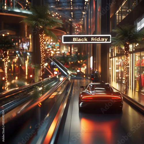 Futuristic Black Friday Mall - Sleek Car and Neon Lights. Luxury Shopping Spree - Black Friday in Modern Mall. High-End Black Friday Shopping - Exotic Car in Urban Setting. Glamorous Black Friday Sale