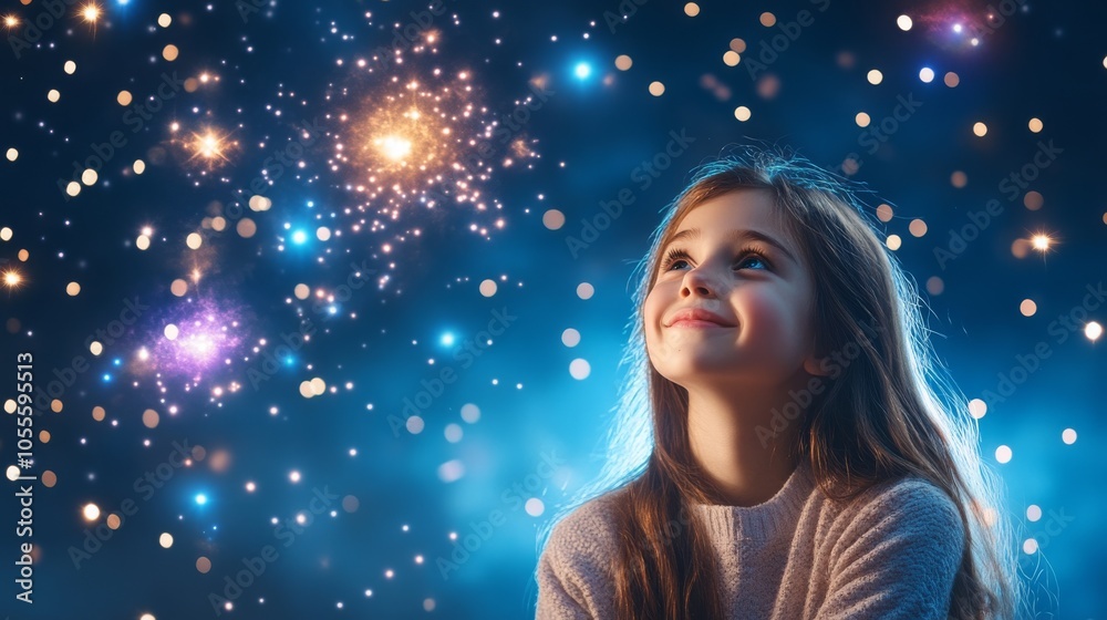 Young girl dreaming under a starry night sky Young girl dreaming under a starry night sky