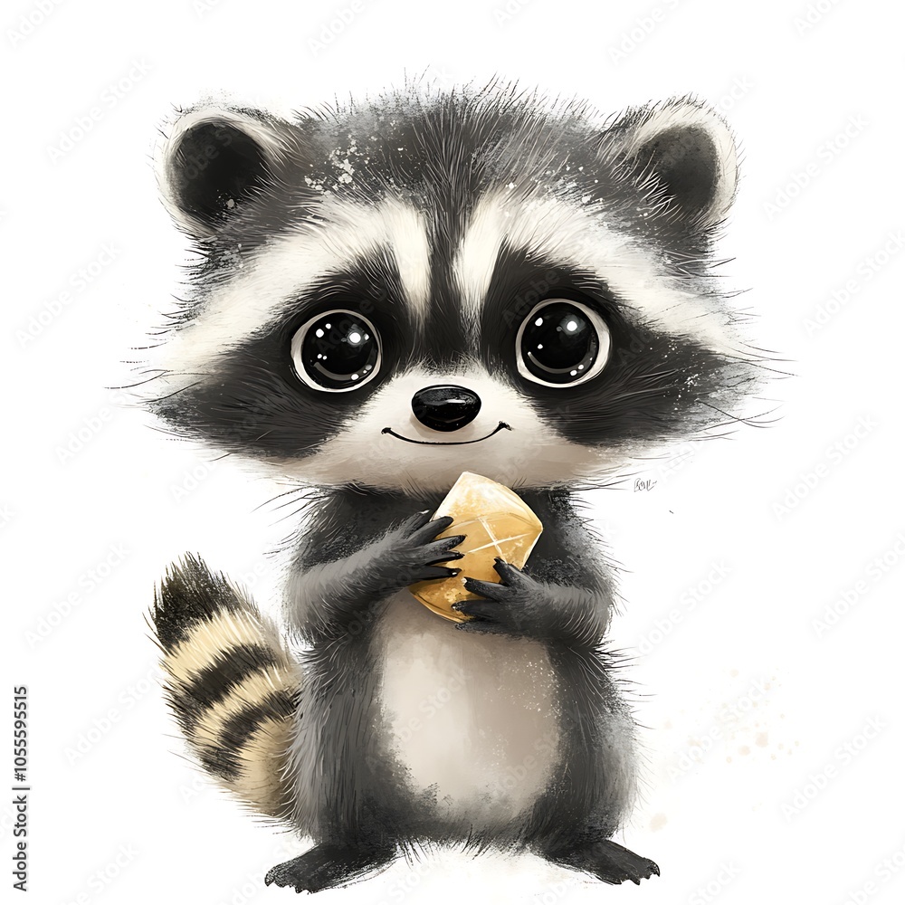 Fototapeta premium Cartoon baby raccoon holding a small item on a white background.