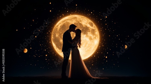 Romantic silhouette under a glowing full moon