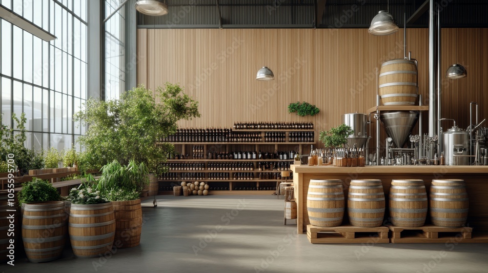 Fototapeta premium Wooden barrels in a bustling brewery, filled with rich beer and surrounded by brewing equipment and barrels stacked high, photorealistic