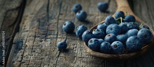 Close up of bilberries arranged on a wooden spoon against a rustic backdrop creating a symbolic copy space image for promoting healthy nutrition