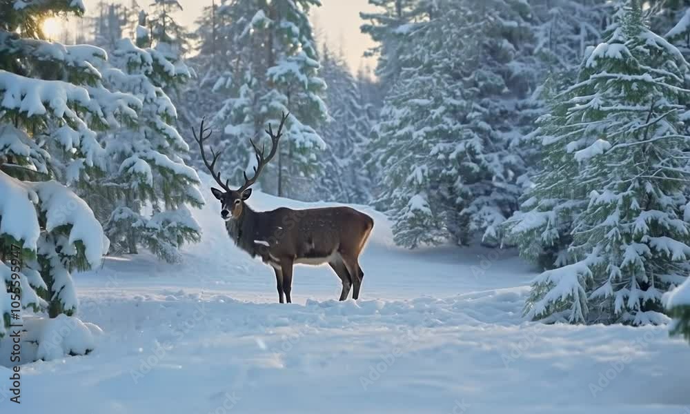 Majestic deer standing amidst a peaceful snowy forest landscape with snow-covered trees under winter sky Majestic deer standing amidst a peaceful snowy forest landscape with snow-covered trees under winter sky
