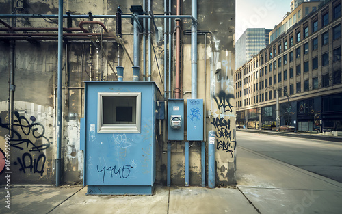 Blue utility boxes and graffiti on a concrete wall urban industrial grunge backdrop 