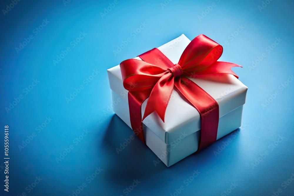 gift box with red ribbon bow on blue background