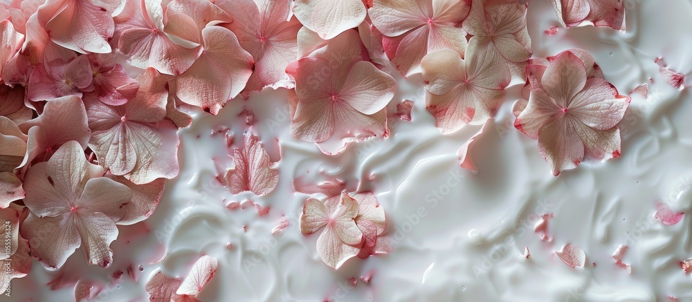 Background with hydrangea petals immersed in milk creating a textured copy space image Background with hydrangea petals immersed in milk creating a textured copy space image
