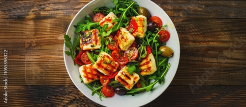 Overhead view of a Greek salad in a white bowl on a wooden table featuring grilled halloumi cheese arugula tomatoes and green olives with room for text flat lay image. Copy space image