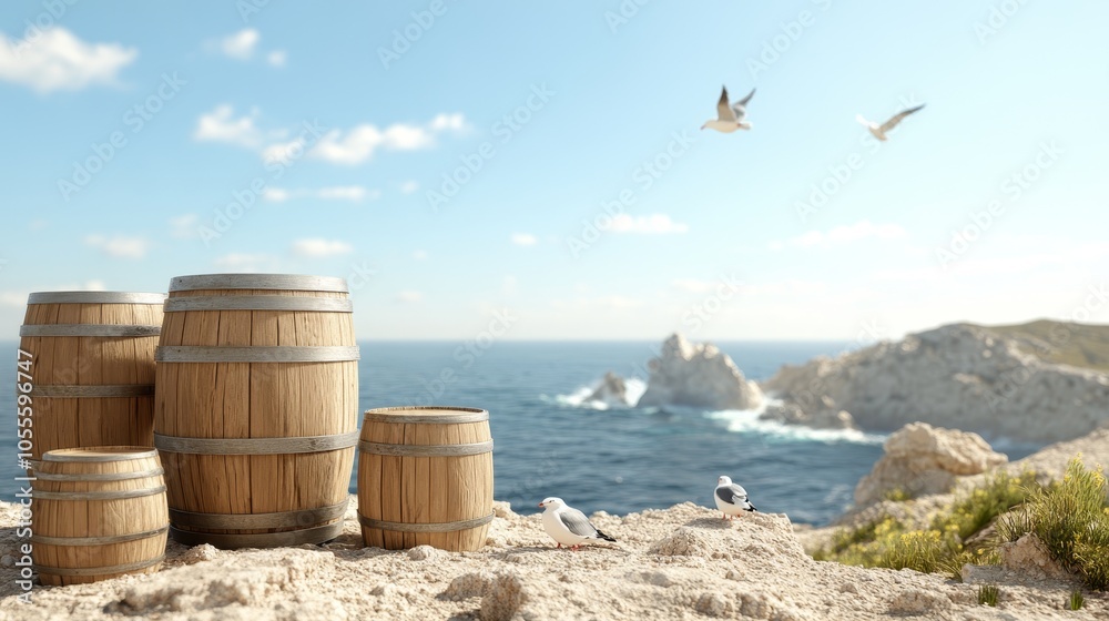 Wooden barrels positioned on a cliff overlooking the ocean, with crashing waves and seagulls in the distance, photorealistic Wooden barrels positioned on a cliff overlooking the ocean, with crashing waves and seagulls in the distance, photorealistic
