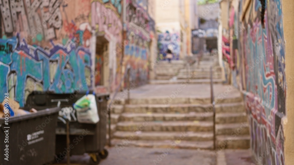 Obraz premium Blurred alleyway showcases vibrant street graffiti and garbage bins in an urban ghetto setting, emphasizing the gritty, defocused atmosphere of an outdoor city street.