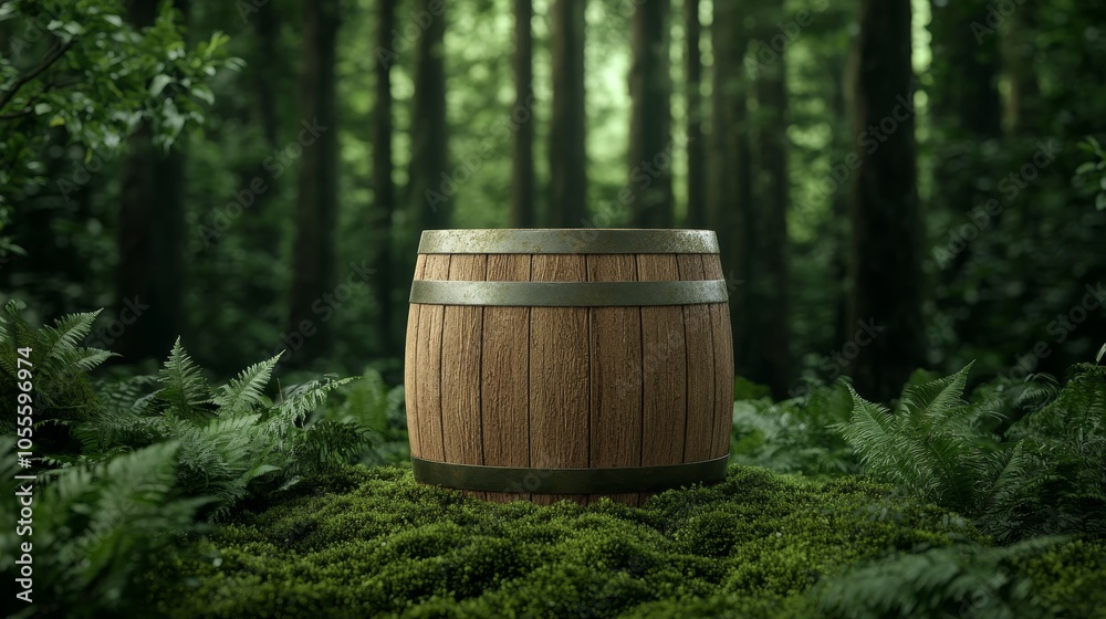 A single wooden barrel nestled in a forest, surrounded by tall trees and soft moss underfoot, photorealistic A single wooden barrel nestled in a forest, surrounded by tall trees and soft moss underfoot, photorealistic