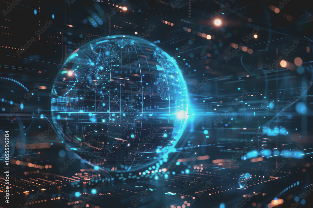 Glowing blue digital sphere with interconnected nodes. represents a global network. Glowing blue digital sphere with interconnected nodes. represents a global network.