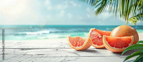 Fototapeta Naklejka Na Ścianę i Meble -  Copy space image of grapefruit halves on a white wooden table with a tropical beach and sea background under summer sunlight ideal for food drinks and products