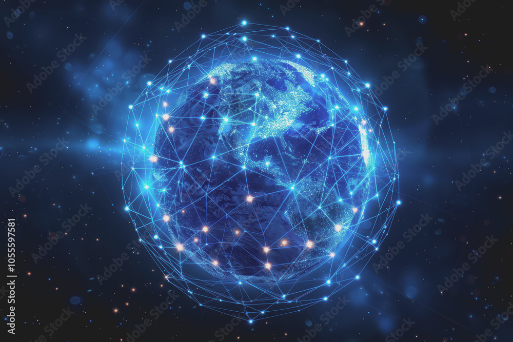 Obraz premium Glowing blue digital sphere with interconnected nodes. represents a global network.