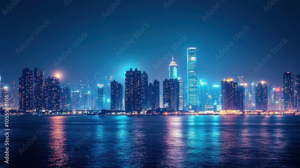 Stunning city skyline at night, illuminated by vibrant blue lights reflecting on the calm water, capturing the essence of urban tranquility. Stunning city skyline at night, illuminated by vibrant blue lights reflecting on the calm water, capturing the essence of urban tranquility.