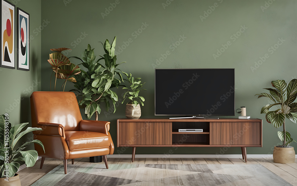 Modern living room with brown armchair and green plants  showcasing a minimalist and cozy atmosphere   