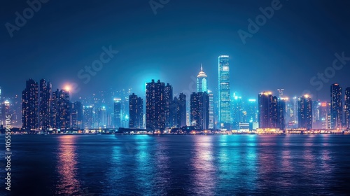 Stunning city skyline at night, illuminated by vibrant blue lights reflecting on the calm water, capturing the essence of urban tranquility.