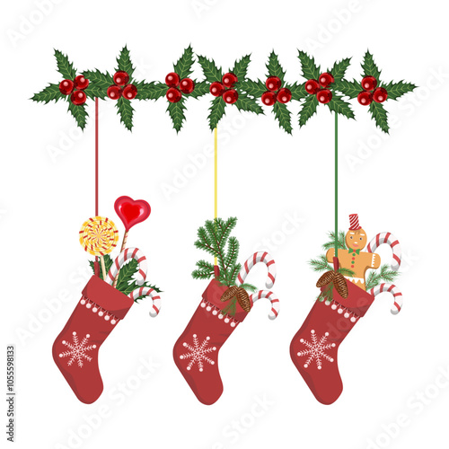 Christmas socks with gifts hang on a decorative branch from the holly plant, isolated on a white background.Vector composition for Christmas cards,designs,textiles.