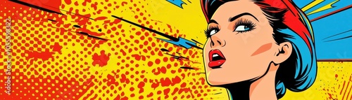 Vibrant pop art illustration featuring a surprised woman with colorful retro background, showcasing bold comic style and dynamic expression. photo