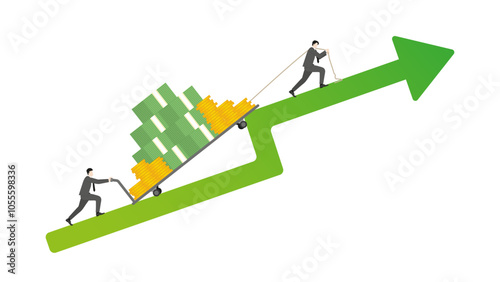 Business people drag a trolley full of cash on green arrow rising, teamwork in business growth, income strategy, financial gain, economic wealth, revenue goal, and attempt investment in a market