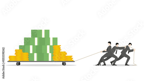A business people drag a trolley full of cash, teamwork in business growth, income strategy, and financial gain. Economic wealth, revenue goal, and attempt investment strategy in a competitive market