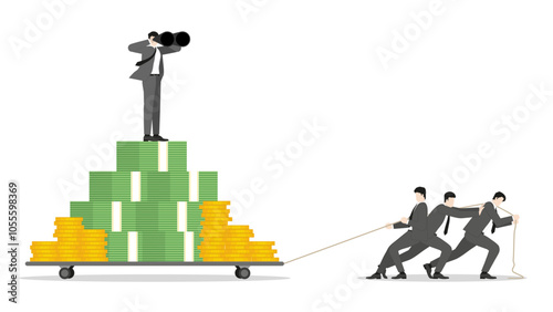 Business people drag a trolley full of cash with boss uses binoculars on top. Visionary, teamwork, income strategy, financial gain, economic wealth, revenue goal, and ambitious investment market