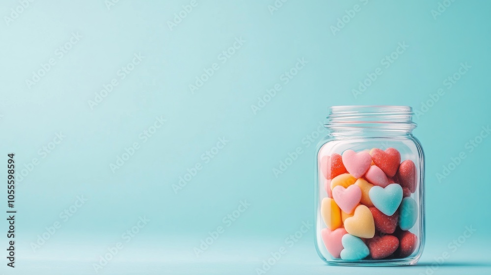 Colorful heart-shaped candies in a glass jar Colorful heart-shaped candies in a glass jar