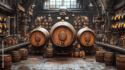 Wooden barrels in a bustling brewery, filled with rich beer and surrounded by brewing equipment and barrels stacked high, photorealistic photo