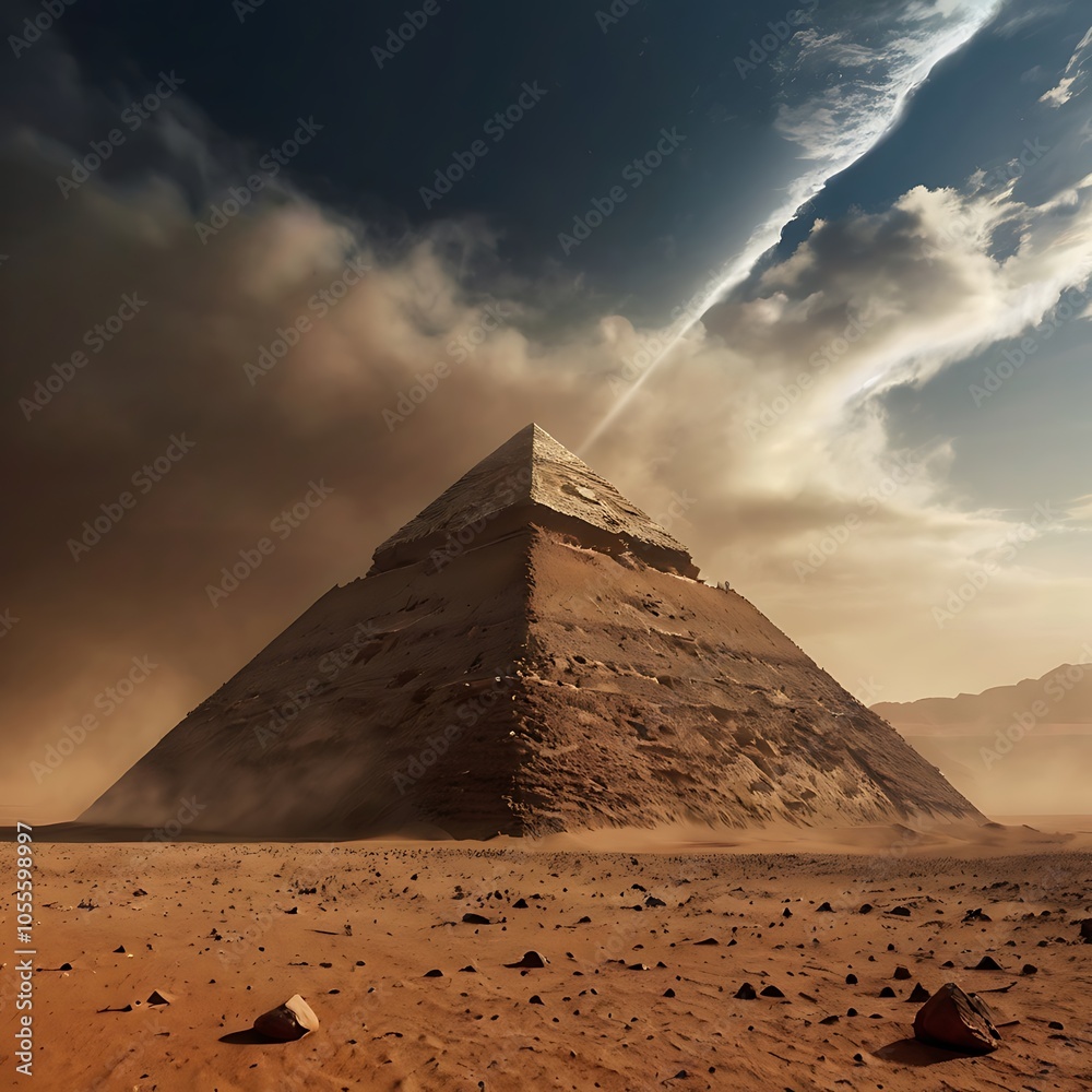 Martian pyramid surrounded by harsh Martian dust storms, only the apex peeking through the clouds Martian pyramid surrounded by harsh Martian dust storms, only the apex peeking through the clouds