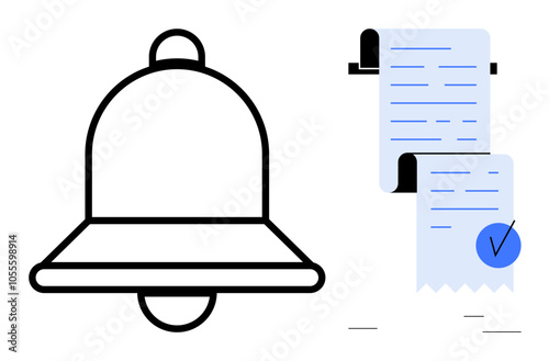 Black outlined bell icon and blue checklist indicating notifications and task management. Ideal for reminders, alerts, notifications, tasks, organization. Minimalist modern style