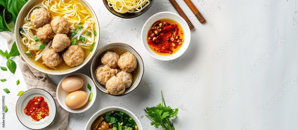 An Indonesian Chinese cuisine called misoa ayam bakso featuring small rice and egg noodles with sliced chicken mushrooms and meatball soup in bowls on a white background in a top view copy space imag An Indonesian Chinese cuisine called misoa ayam bakso featuring small rice and egg noodles with sliced chicken mushrooms and meatball soup in bowls on a white background in a top view copy space imag