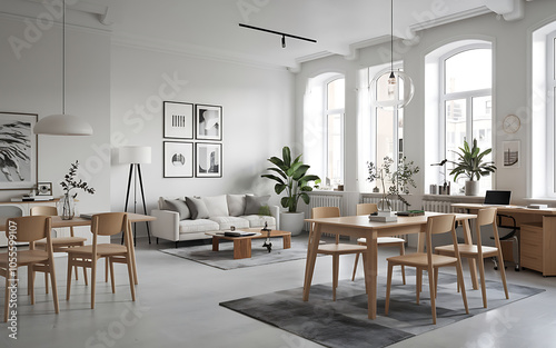 Modern Scandinavian living room with white walls and wooden furniture light and airy perfect for a cozy home 