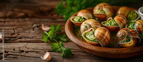 Wooden table displaying grape snails filled with parsley and garlic butter with ample copy space image